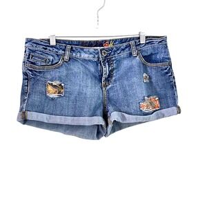 Mudd Jean Shorts M JR13 Distressed Cuffed Blue Denim Boho Festival Patchwork